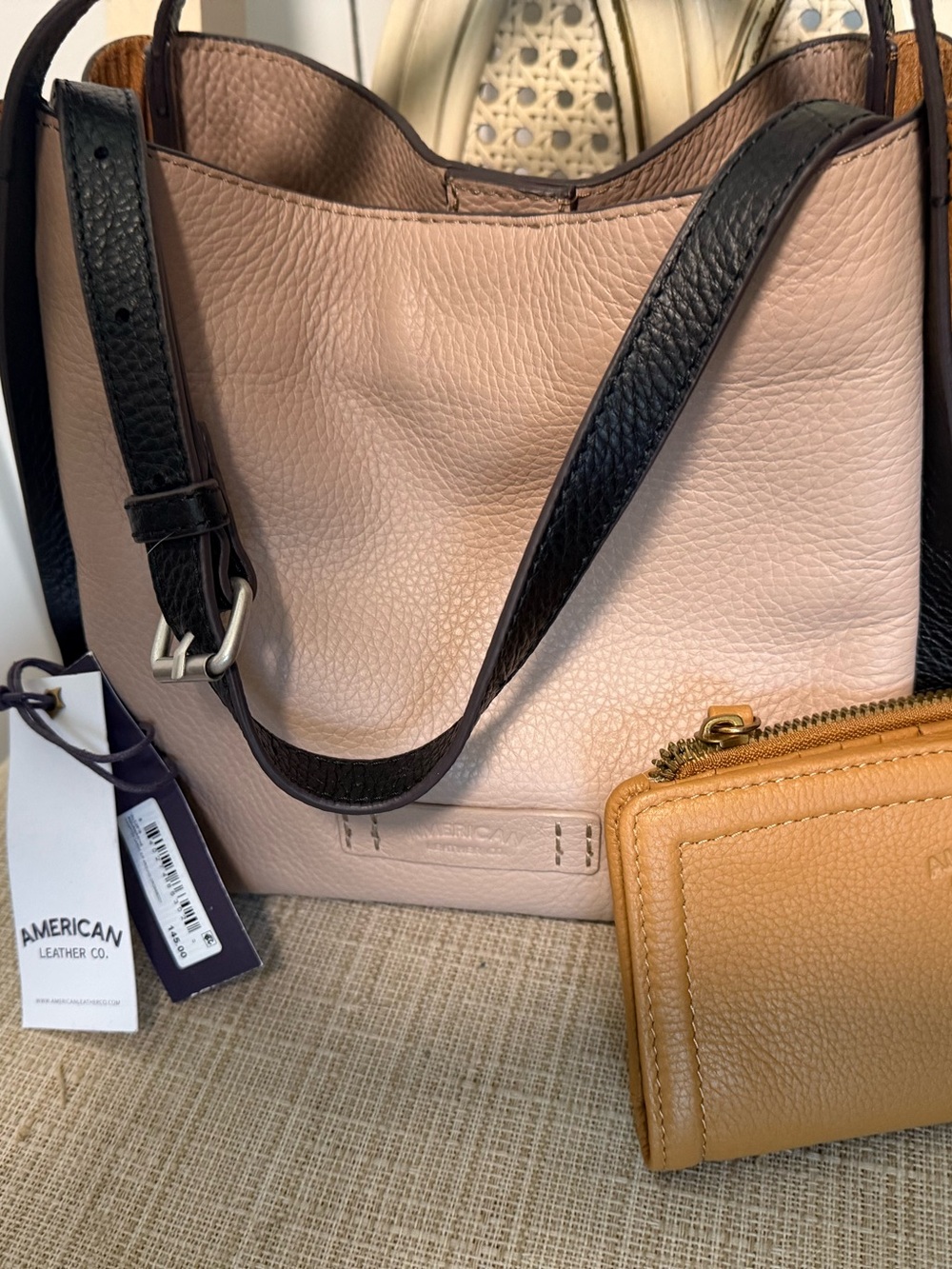 American Leather Co. Women's Pebble Crossbody Bag in Blush with Tan Wallet